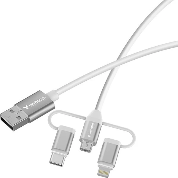 „Verbatim Sync“ įkrovimo jungtis, USB-A į „Micro-B“, USB-C, „Lightning“ jungtis, 18 W, baltas 32394