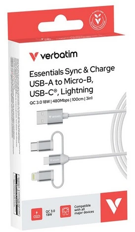 „Verbatim Sync“ įkrovimo jungtis, USB-A į „Micro-B“, USB-C, „Lightning“ jungtis, 18 W, baltas 32394