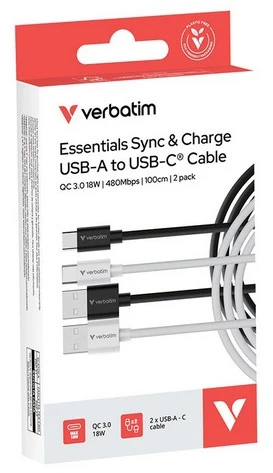Verbatim Sync & Charge USB-C į A essentials 18W Kabelis juodos spalvos / baltos spalvos 2 vnt. 32393