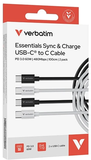 Verbatim Sync & Charge USB-C į C essentials 60W Kabelis juodos spalvos / baltos spalvos 2 vnt. 32391