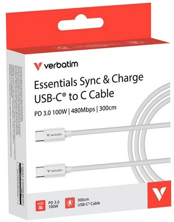 Verbatim Sync & Charge USB-C į C essentials 3 m 100W Kabelis baltos spalvos 32409