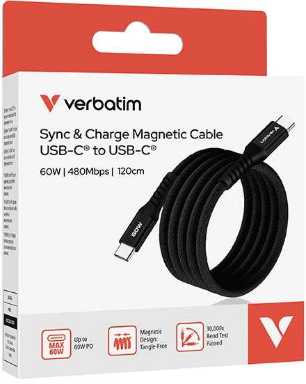 Verbatim USB-C laidas USB C (M) - USB C (M), 60W, 1.2m, magnetinis, juodas, dėžutėje, 31859