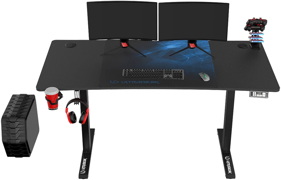 Reguliuojamo aukščio žaidimų stalas Ultradesk LEVEL V2, 140 x 68 cm, Juodos/mėlynos spalvos