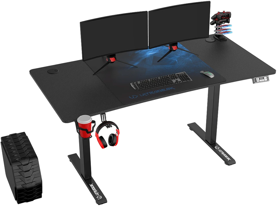 Reguliuojamo aukščio žaidimų stalas Ultradesk LEVEL V2, 140 x 68 cm, Juodos/mėlynos spalvos
