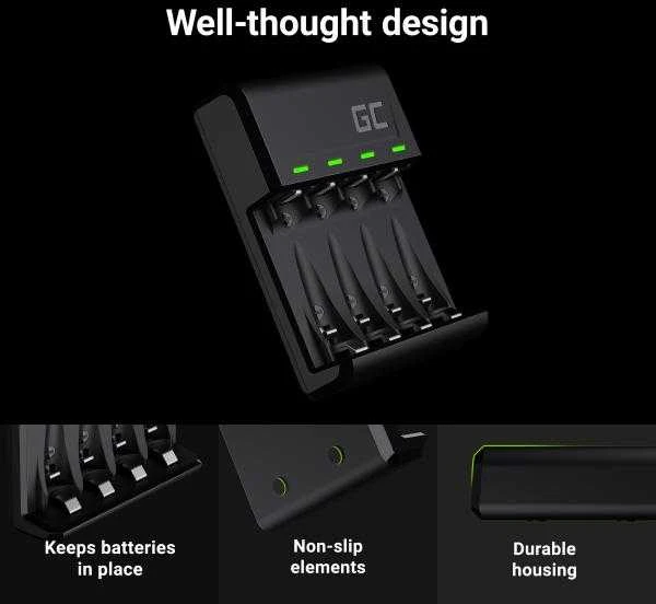 „Žalias Cell GC VitalCharger“ rinkinys ir baterijos: 2xAA 2000mAh, 2xAA 800mAh