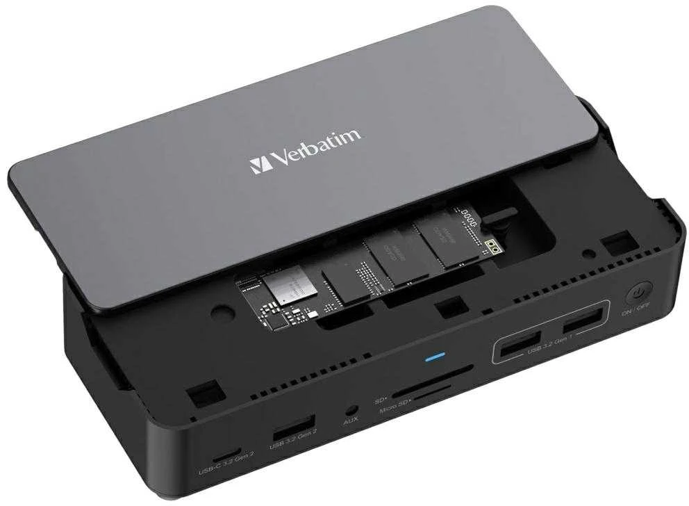 „Verbatim USB-C Pro 15w1“ 2x HDMI | 1x RJ45 | 3x USB-A | 3x USB-C | 1x SD | 1x Micro SD | 1x Audio | 1x DP | 1x SSD pilka