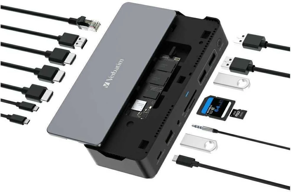 Verbatim USB-C Pro prijungimo stotelė CDS-15SSD, 15 prievadų: SSD, USB A/C, HDMI, DP, garso, SD+Micro SD, RJ45