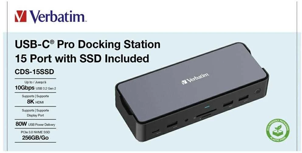 Verbatim USB-C Pro prijungimo stotelė CDS-15SSD, 15 prievadų: SSD, USB A/C, HDMI, DP, garso, SD+Micro SD, RJ45
