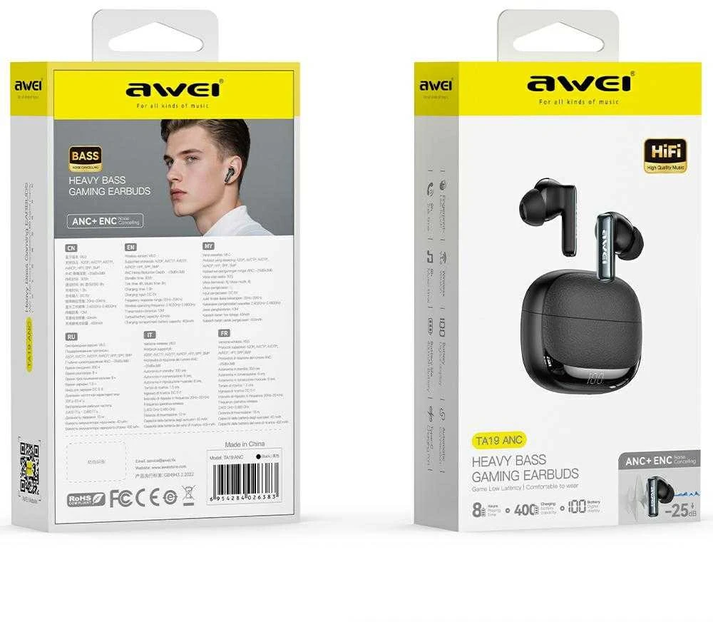 Awei TA19 ausinių pakuotės su technine informacija