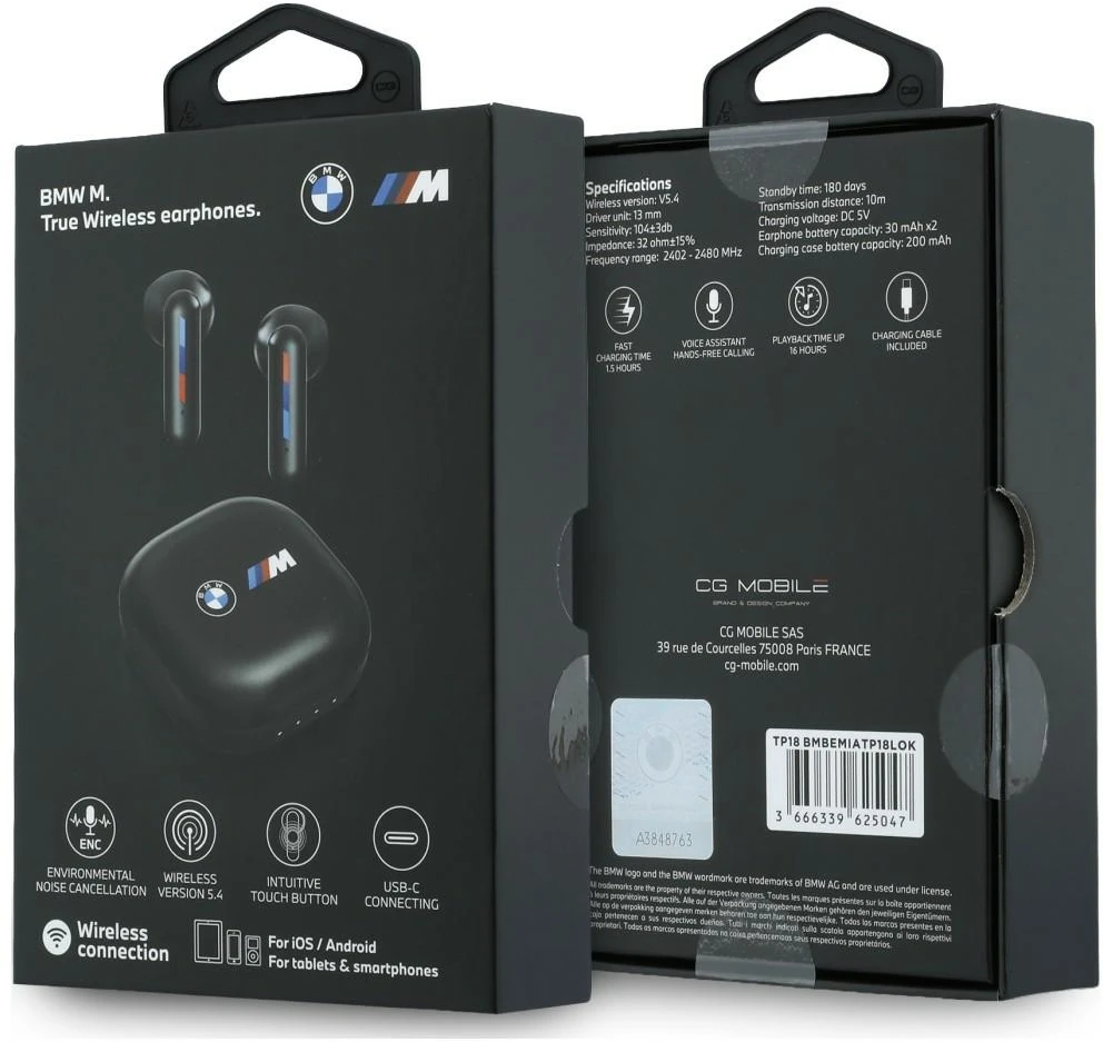 Ausinės Bluetooth TWS BMW Printed Logo ENC juoda