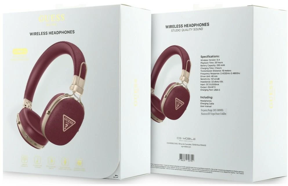 Ausinės su lankeliu ant galvos Guess Grained Triangle Auksinė Logo Bluetooth ENC bordo spalvos
