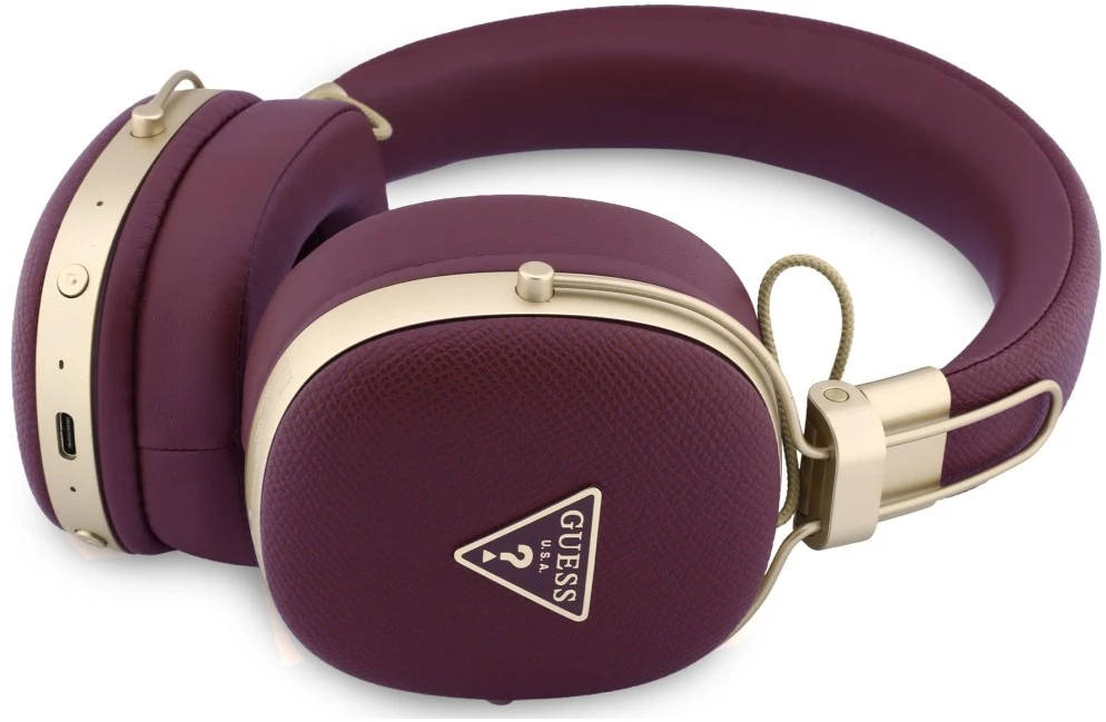 Ausinės su lankeliu ant galvos Guess Grained Triangle Auksinė Logo Bluetooth ENC bordo spalvos