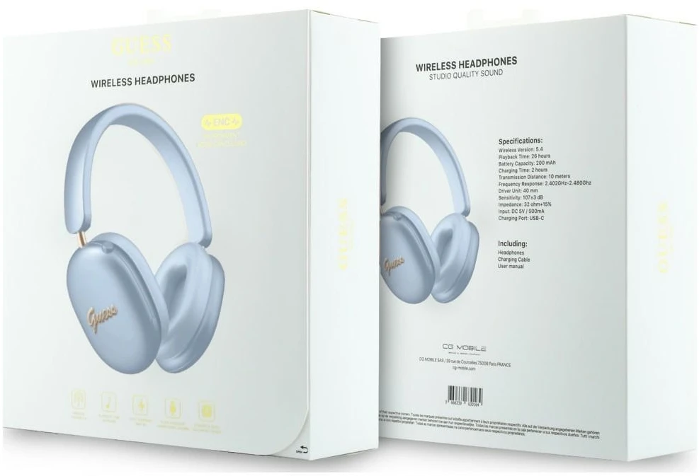 Ausinės su lankeliu ant galvos Guess Metallic Effect Metal Script Logo Bluetooth ENC mėlyna