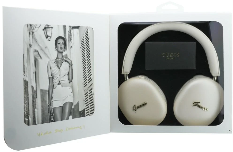 Ausinės su lankeliu ant galvos Guess Metallic Effect Metal Script Logo Bluetooth ENC smėlio spalva