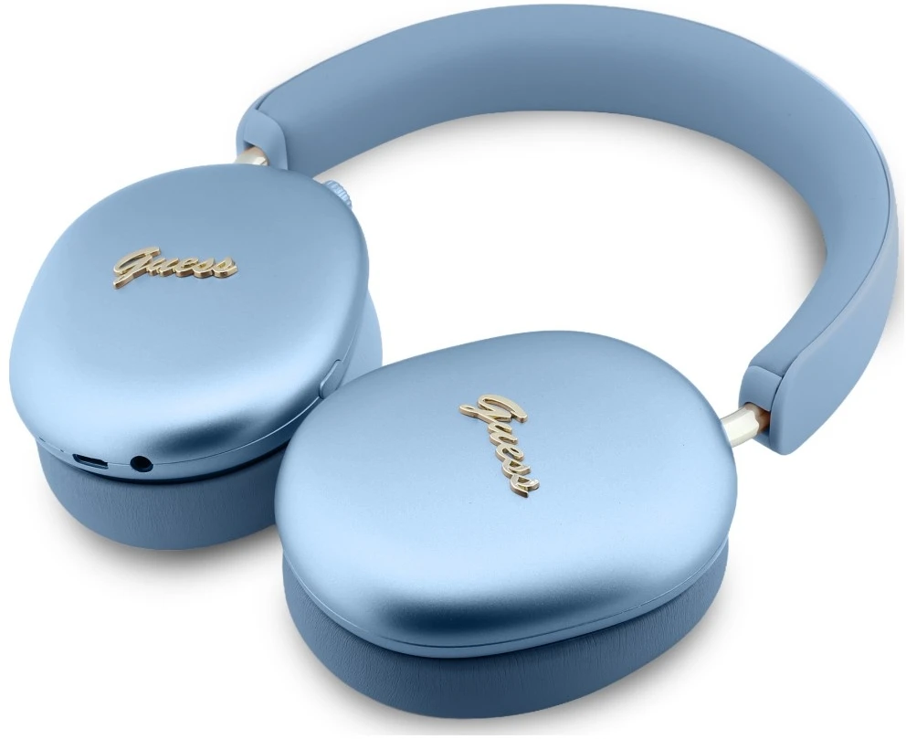 Ausinės su lankeliu ant galvos Guess Metallic Effect Metal Script Logo Bluetooth ENC mėlyna