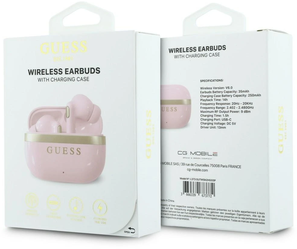 Belaidės ausinės TWS Guess Glossy Auksinė LinePrinted Classic Logo rožinės spalvos
