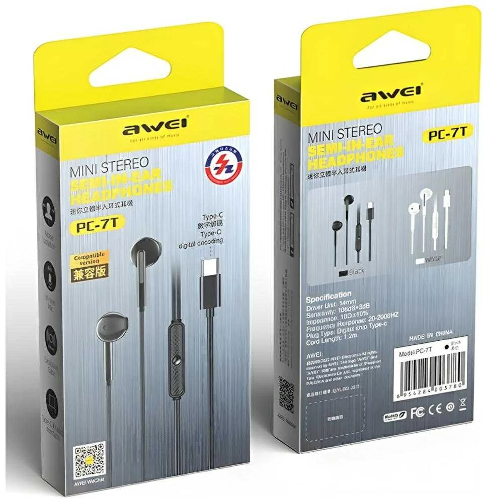 AWEI PC-7T USB-C 1.2m stereo ausinės juodos spalvos