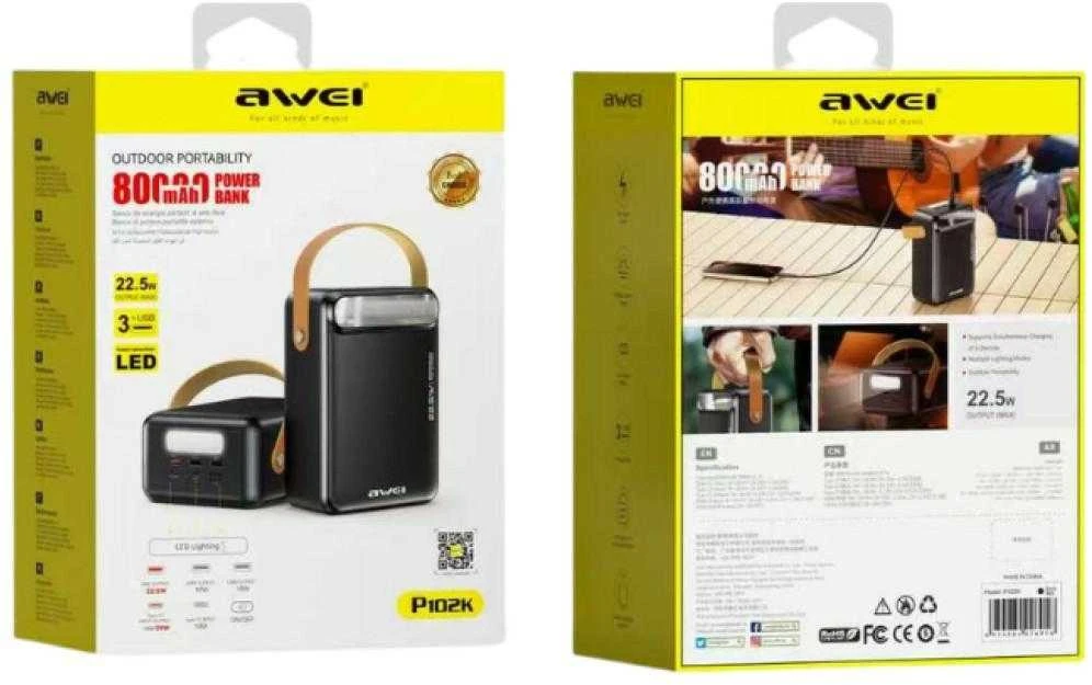 Awei PowerBank P102K 80000 mAh 22,5W PD 2xUSB-C 3xUSB-A juoda