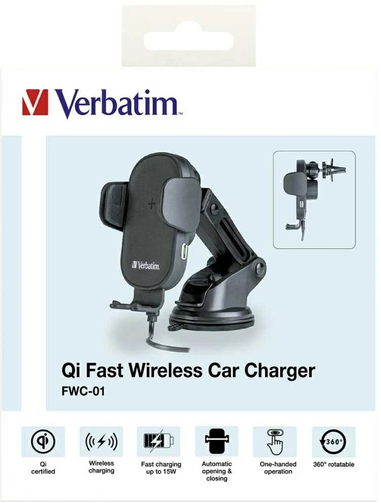 „Verbatim FWC-01 Qi Fast“ belaidis automobilinis įkroviklis, automatiškai tvirtinamas, Juodas
