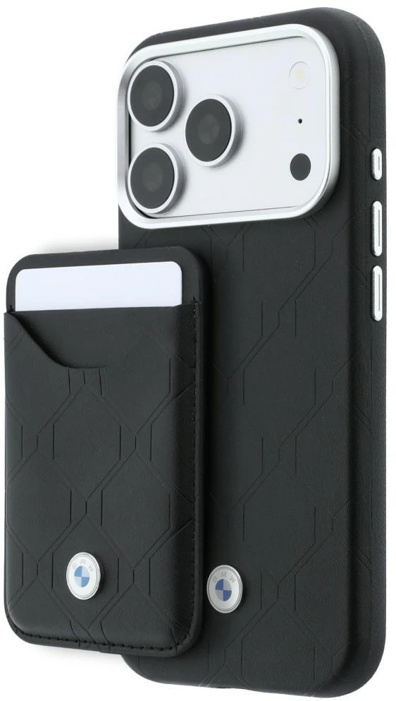 Dėklas + piniginė BMW Quilted Pattern Metal Logo, skirtas iPhone 18 Pro / 17 Pro, juodas
