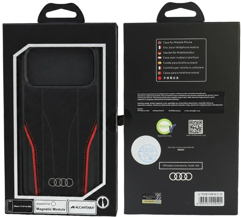 Dėklas Audi R8 Genuine Leather MagSafe do iPhone 18 Pro Max / 17 Pro Max juodai-raudonas