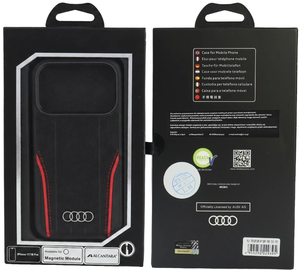Dėklas Audi R8 Genuine Leather MagSafe do iPhone 18 Pro / 17 Pro juodai-raudonas