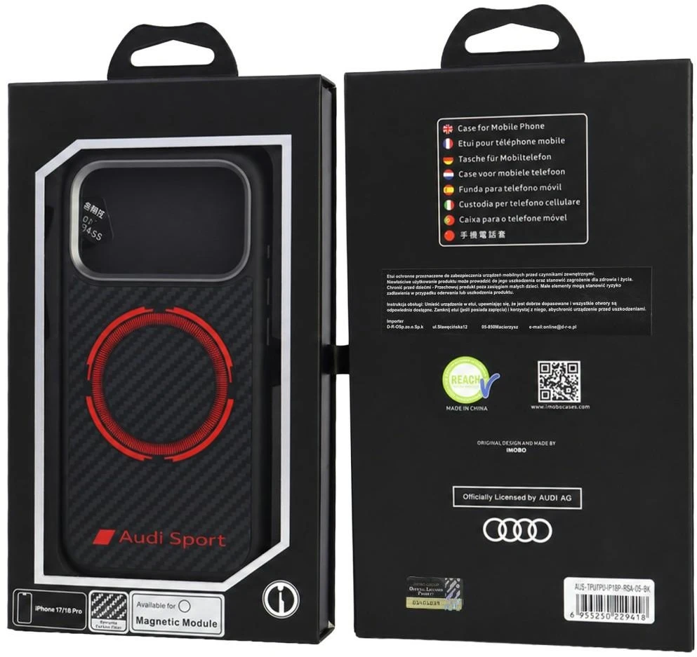 Dėklas Audi Sport RSQ Carbon Fiber Sport Raudona Circle MagSafe do iPhone 18 Pro / 17 Pro juoda