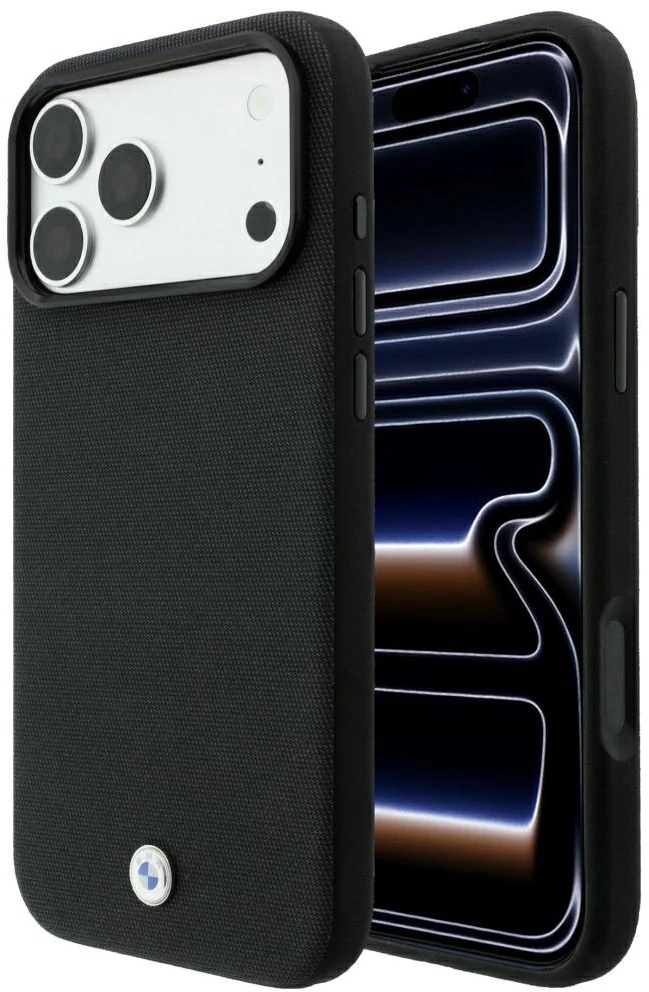 BMW Kevlar Metal Logo MagSafe dėklas, skirtas iPhone 18 Pro / 17 Pro, juodas