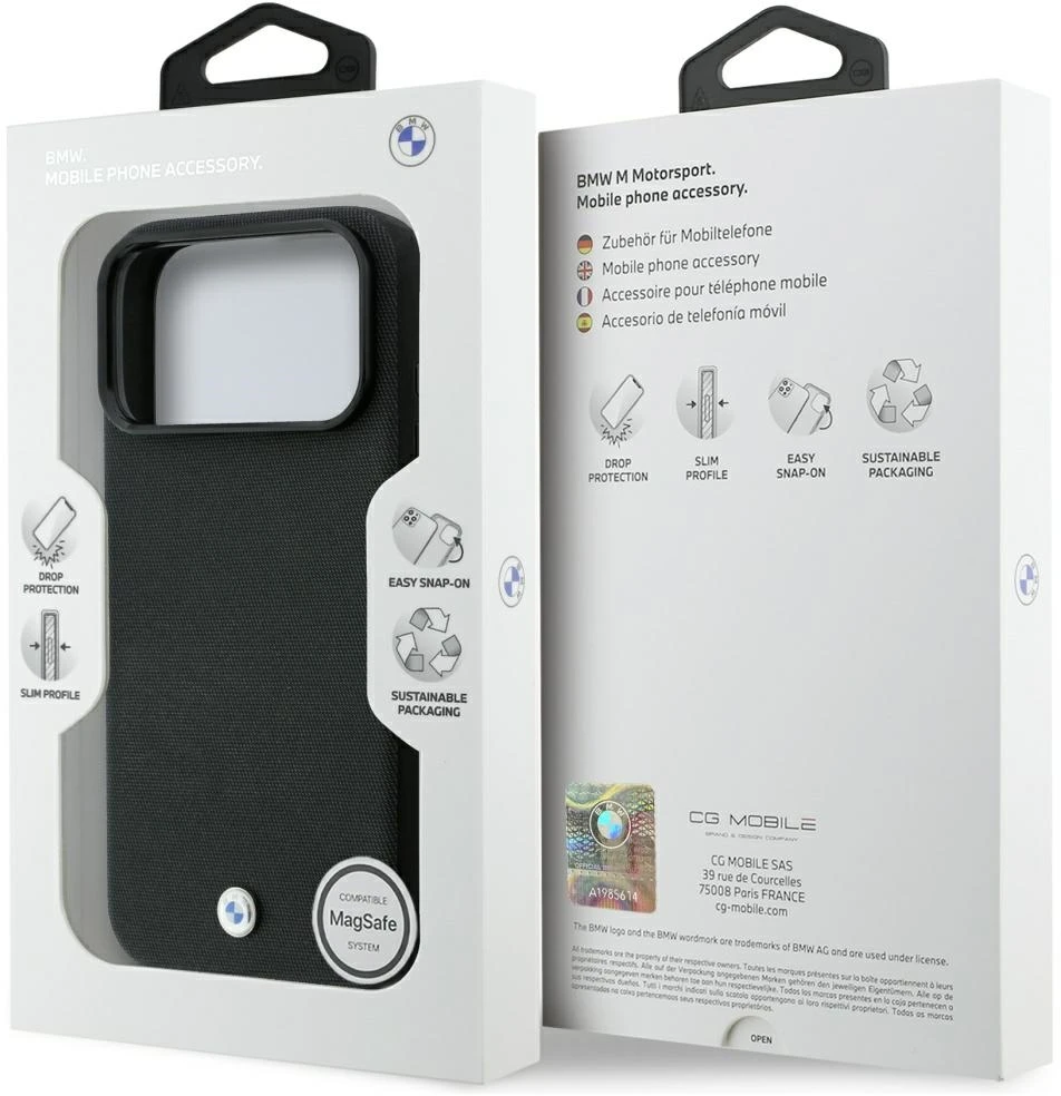 BMW Kevlar Metal Logo MagSafe dėklas, skirtas iPhone 18 Pro / 17 Pro, juodas