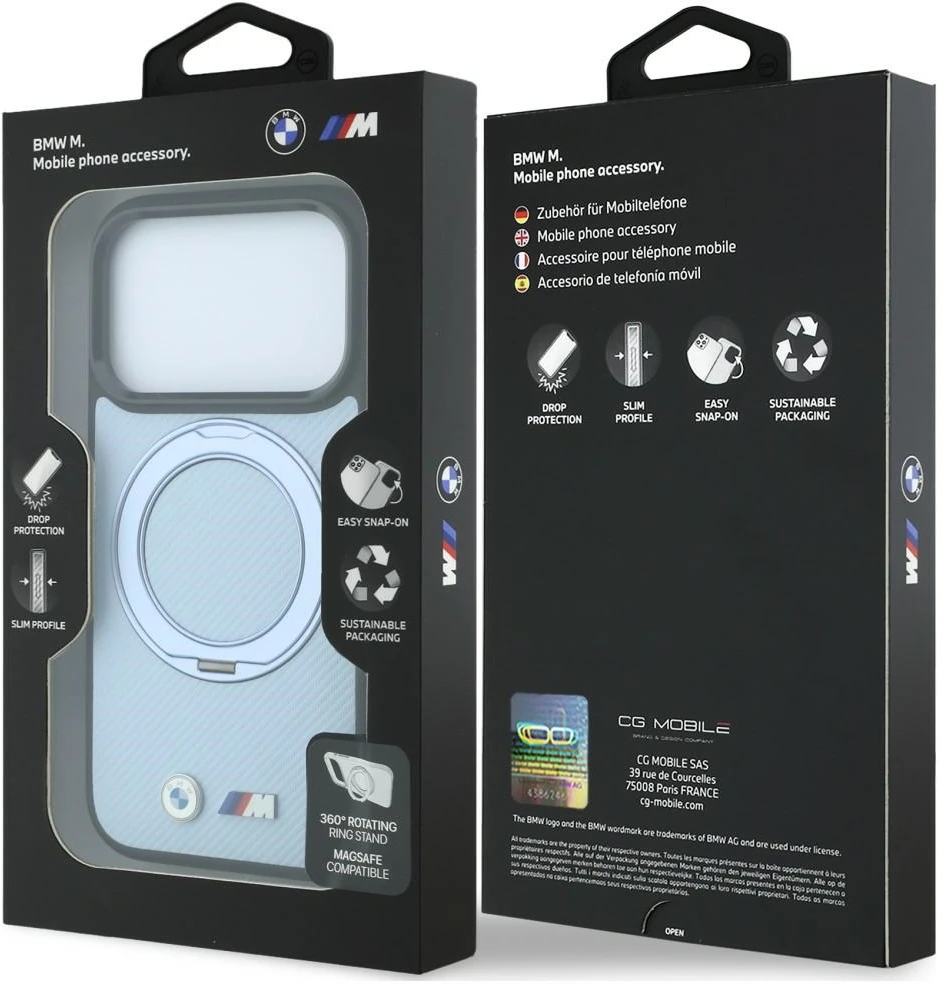 Dėklas BMW Kevlar Ring Stand 360 MagSafe do iPhone 18 Pro / 17 Pro mėlyna