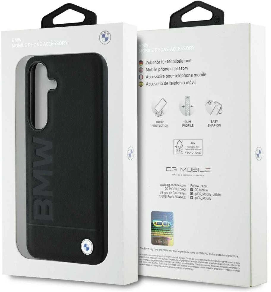 Dėklas BMW Leather Big Wordmark Samsung Galaxy S25+ juodos spalvos