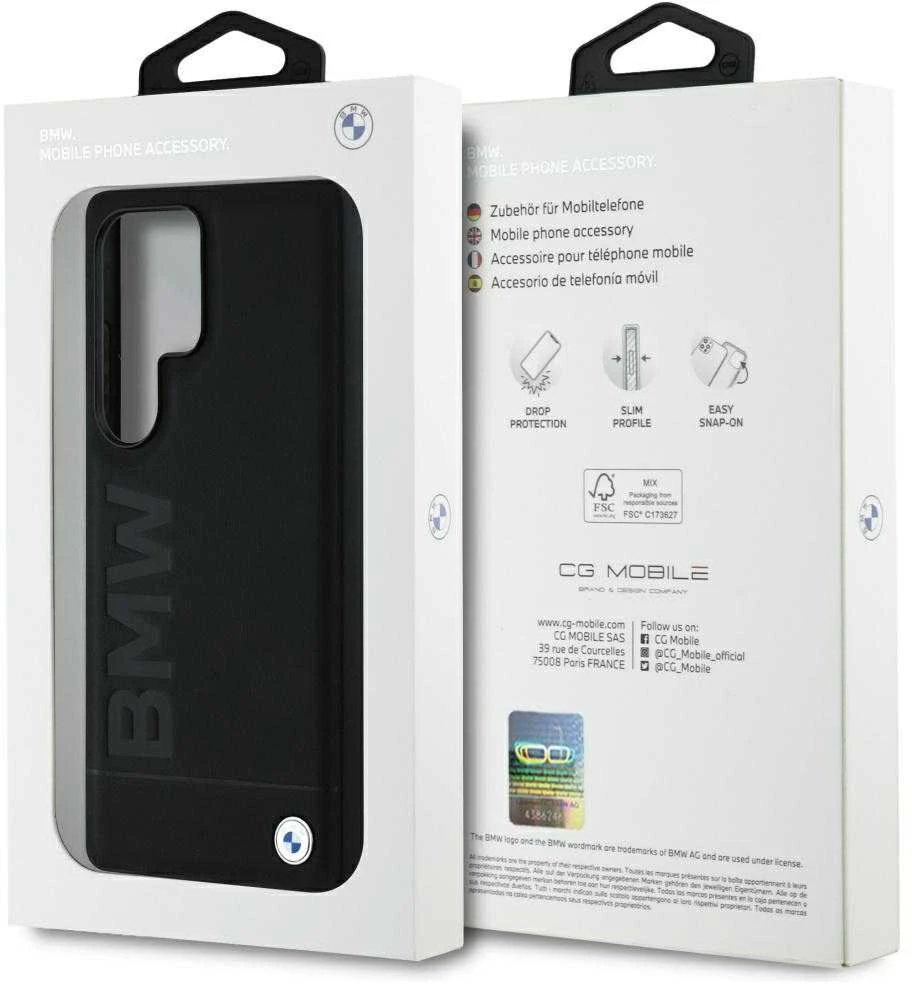 Dėklas BMW Leather Big Wordmark Samsung Galaxy S25 Ultra juodos spalvos