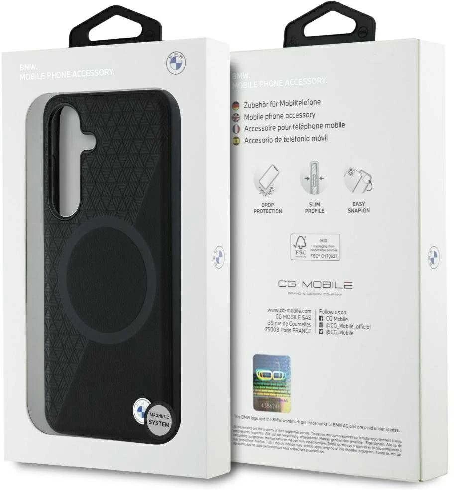Dėklas BMW Leather Half Textured MagSafe Samsung Galaxy S25 juodos spalvos