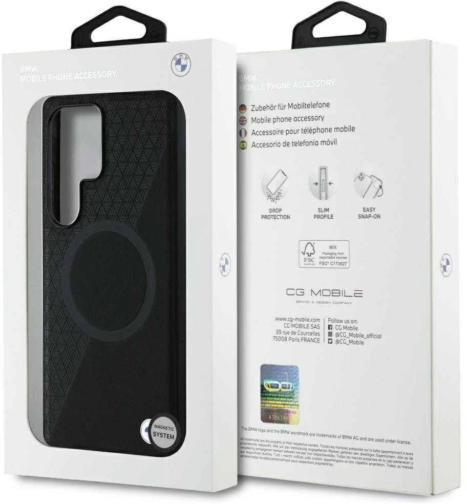 Dėklas BMW Leather Half Textured MagSafe Samsung Galaxy S25 Ultra juodos spalvos