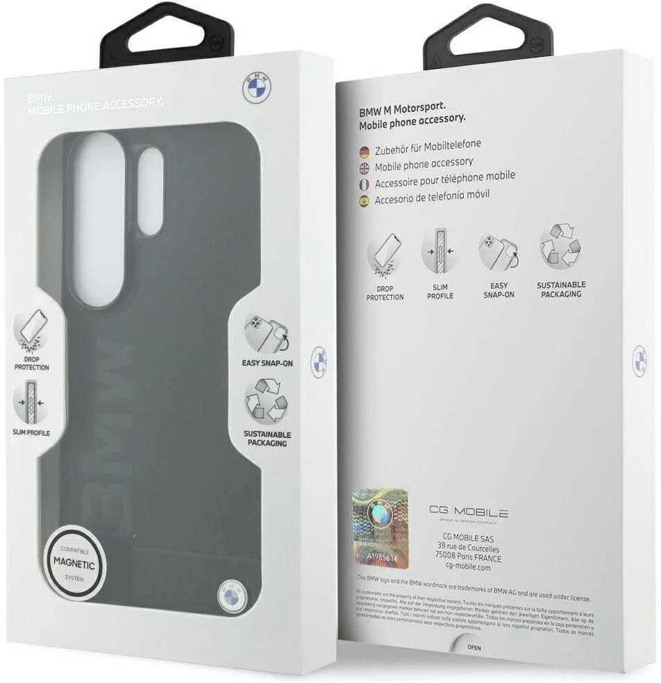 Dėklas BMW Leather Hot Stamp MagSafe Samsung Galaxy S26 Ultra juodos spalvos