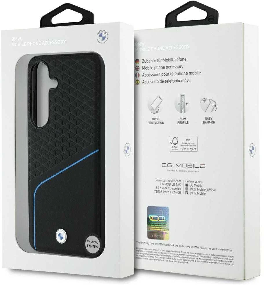Dėklas BMW Leather Textured and Smooth MagSafe Samsung Galaxy S25 juodos spalvos