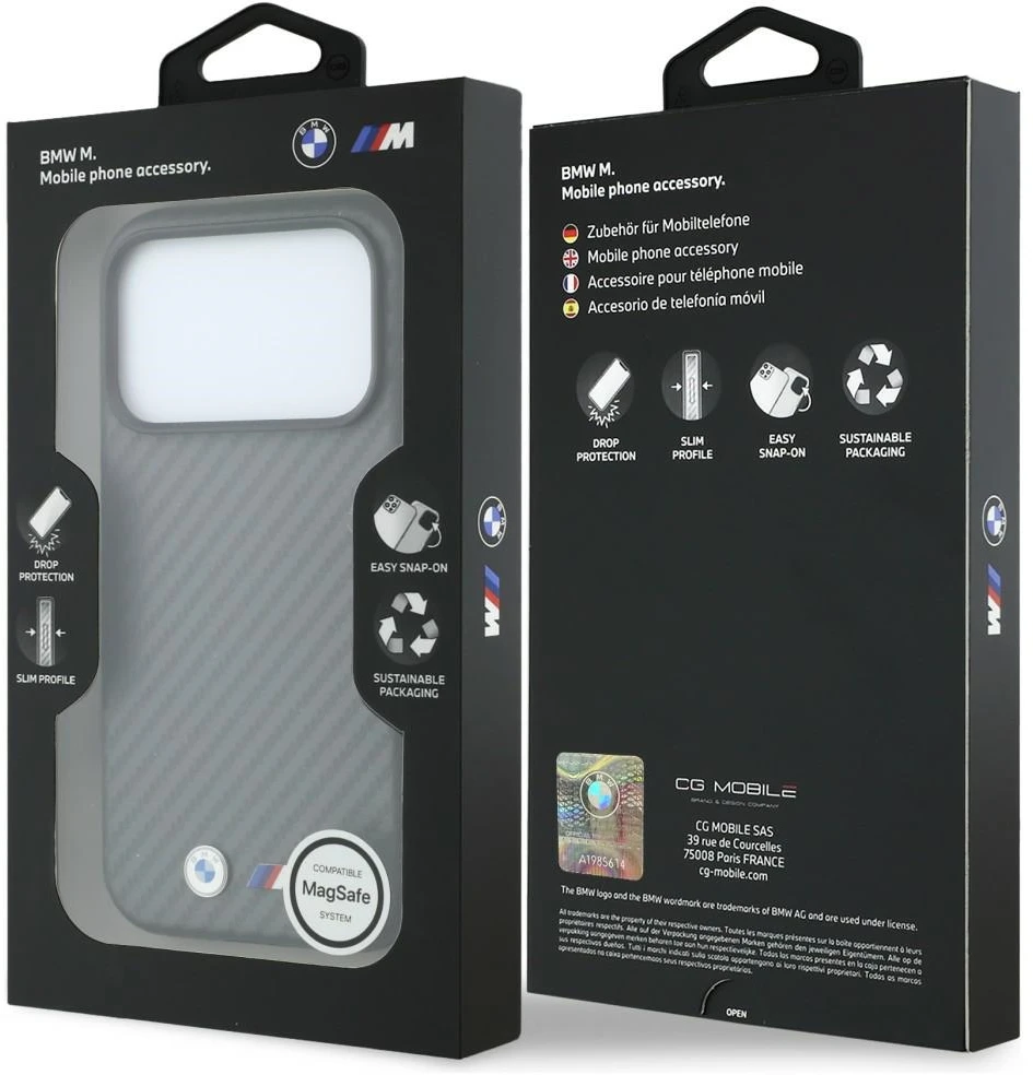 Dėklas BMW M Carbon Metal Logo MagSafe skirtas iPhone 18 Pro pilkas