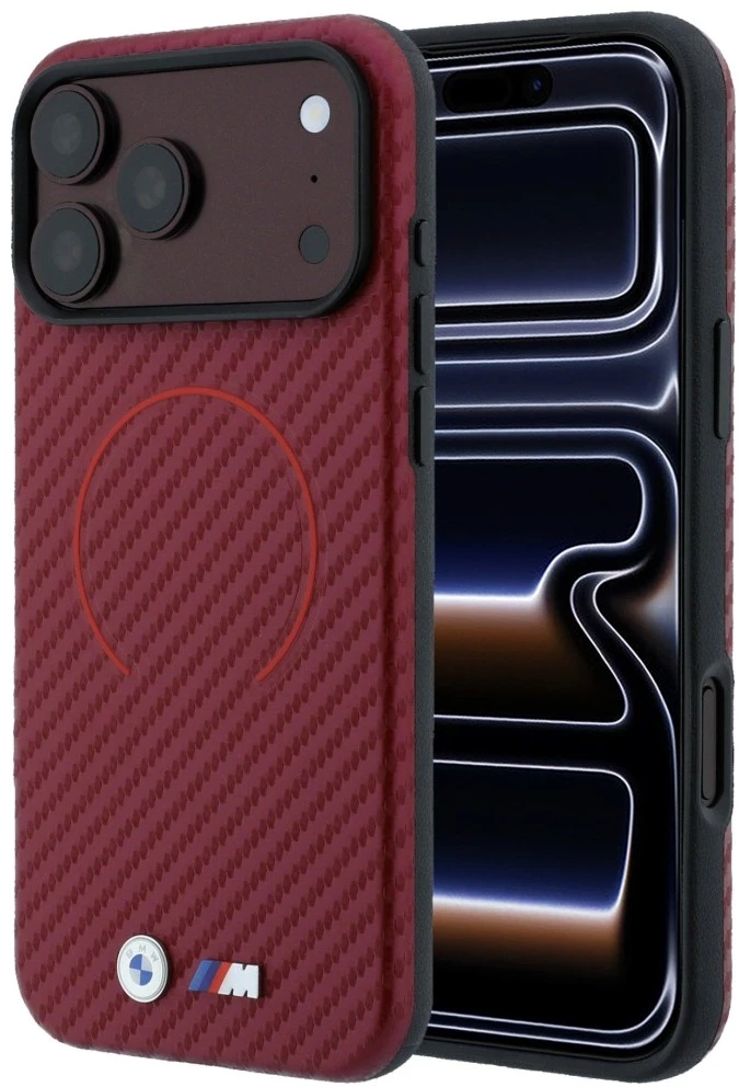 Dėklas BMW M Carbon Printed Ring MagSafe iPhone 18 Pro / 17 Pro raudonas