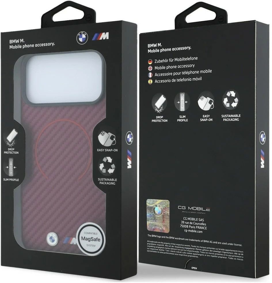 Dėklas BMW M Carbon Printed Ring MagSafe do iPhone 18 Pro Max / 17 Pro Max raudona