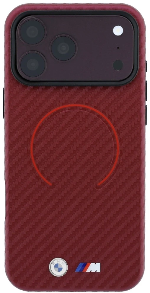 Dėklas BMW M Carbon Printed Ring MagSafe do iPhone 18 Pro Max / 17 Pro Max raudona
