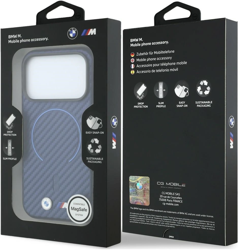 Dėklas BMW M Carbon Printed Ring MagSafe do iPhone 18 Pro / 17 Pro tamsiai mėlyna