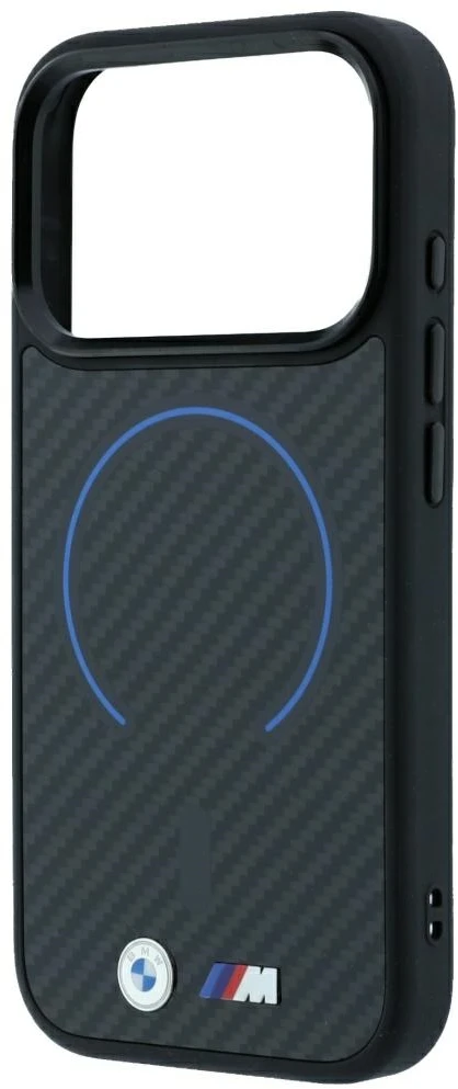 Dėklas BMW M Kevlar Mėlyna Print Ring Metal Logo MagSafe Case for iPhone 18 Pro / 17 Pro - Juodas