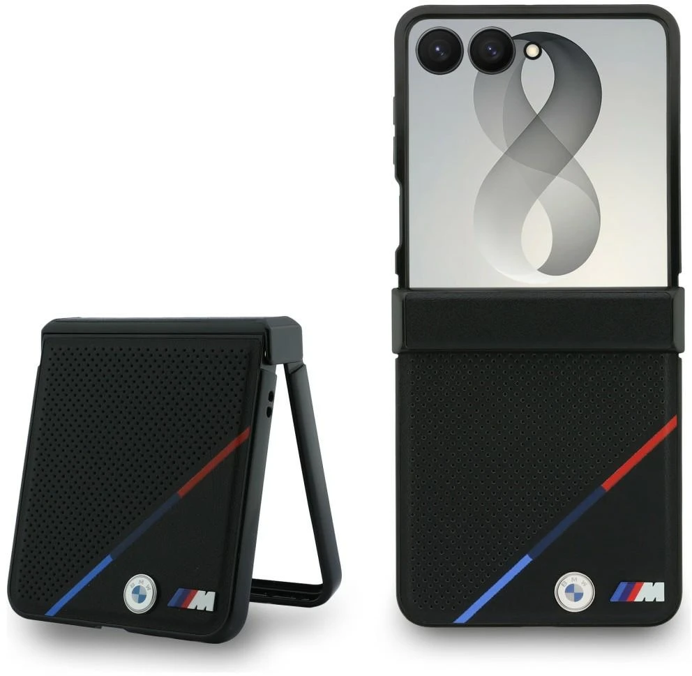 BMW M PU Perforated Tricolor Stripe Magnetic dėklas Samsung Galaxy Z Flip 8 juodos spalvos
