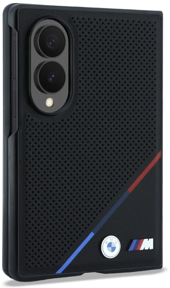 BMW M PU Perforated Tricolor Stripe Magnetic dėklas Samsung Galaxy Z Fold 8 juodos spalvos