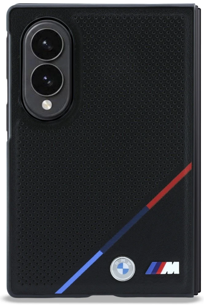 BMW M PU Perforated Tricolor Stripe Magnetic dėklas Samsung Galaxy Z Fold 8 juodos spalvos