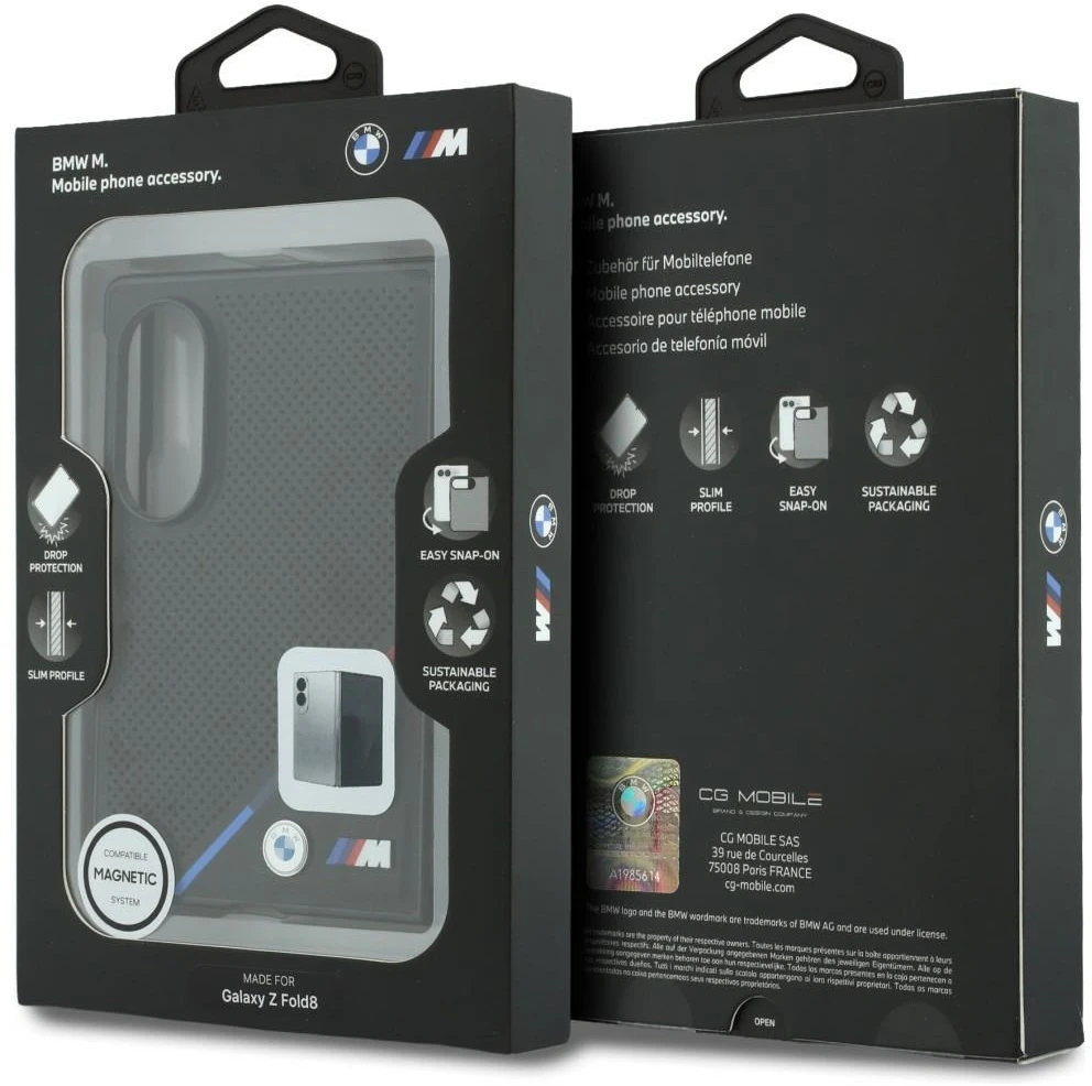 BMW M PU Perforated Tricolor Stripe Magnetic dėklas Samsung Galaxy Z Fold 8 juodos spalvos