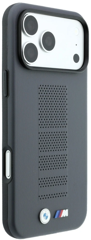 Dėklas BMW M Mėlyna Perfo Metal Logo MagSafe do iPhone 18 Pro / 17 Pro pilka