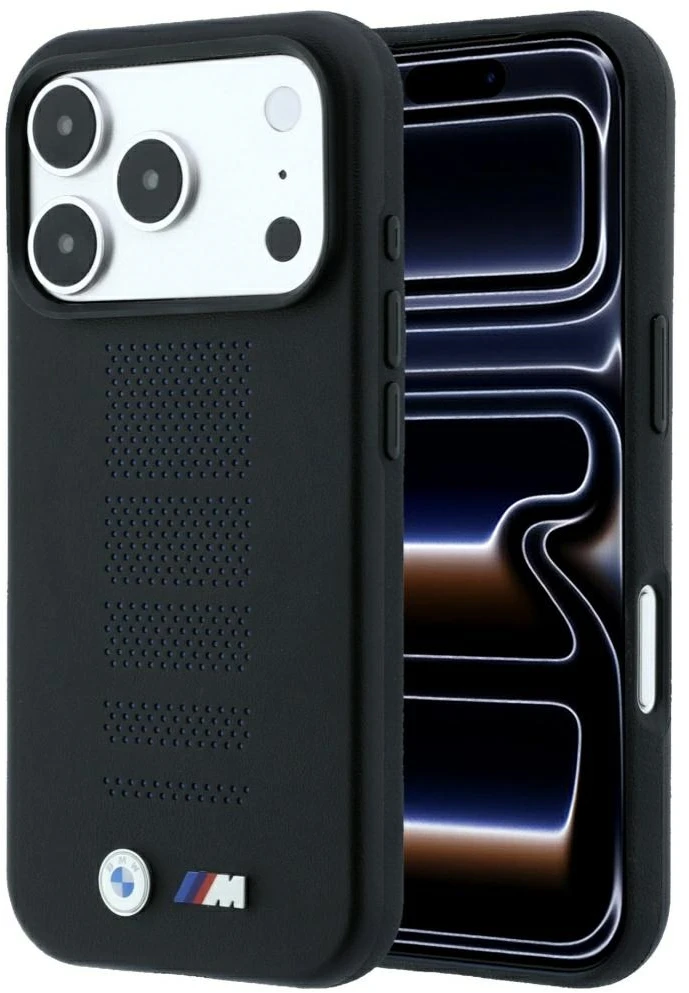 Dėklas BMW M Mėlyna Perfo Metal Logo MagSafe do iPhone 18 Pro / 17 Pro juoda