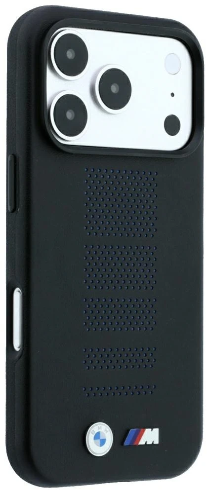 Dėklas BMW M Mėlyna Perfo Metal Logo MagSafe do iPhone 18 Pro / 17 Pro juoda