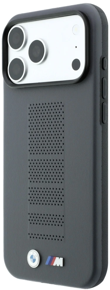 Dėklas BMW M Mėlyna Perfo Metal Logo MagSafe do iPhone 18 Pro / 17 Pro pilka